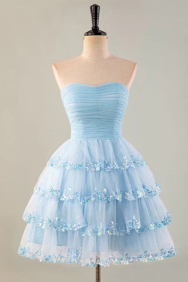 Luolandi Lovely A Line Strapless Ruffle Homecoming Dress Sweet Back To School Dress Light Blue Short Birthday Party Dress