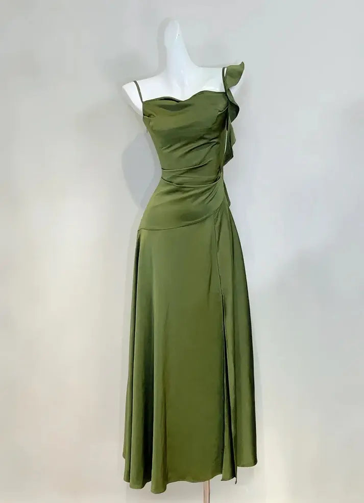 Luolandi Lovely Green Satin Party Evening Gown Ruffle Formal Prom Dress Elegant Wedding Guest Dress