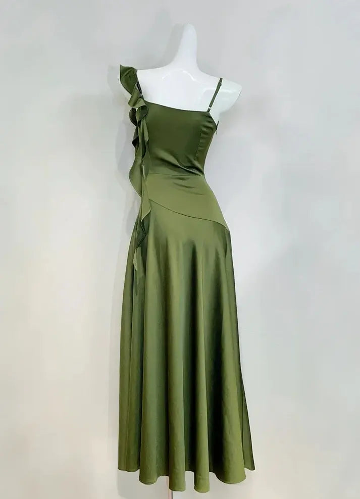 Luolandi Lovely Green Satin Party Evening Gown Ruffle Formal Prom Dress Elegant Wedding Guest Dress