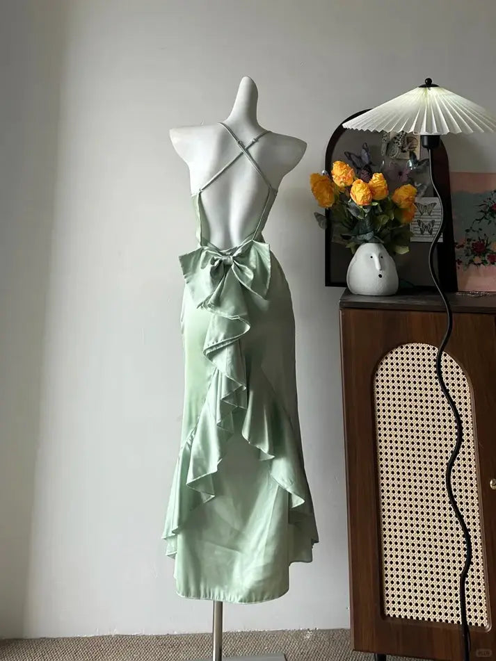 Luolandi Lovely Light Green Satin Slim Fit Party Evening Gown Ruffle Formal Prom Dress Elegant Wedding Guest Dress