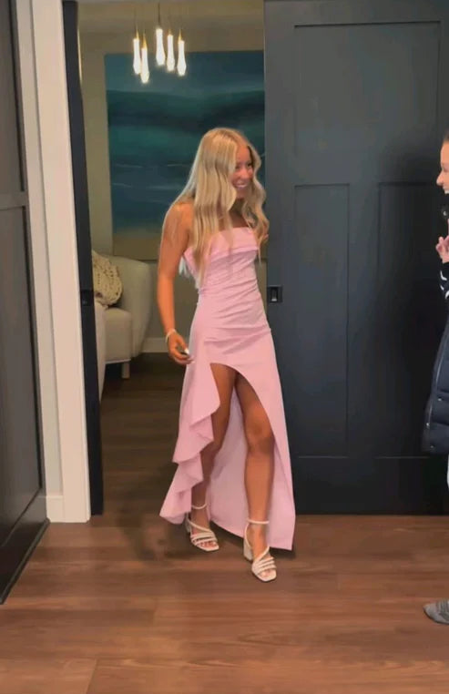 Luolandi Lovely Ruffle Party Evening Dress with Split Simple Graduation Dress Cute Long Formal Prom Dress