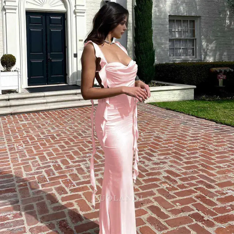 Luolandi Lovely Sleeveless Open Back Satin Long Formal Prom Dress With Ruffles Cute Graduation Dress Charming Party Evening Gowns