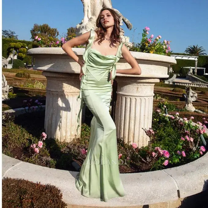 Luolandi Lovely Sleeveless Open Back Satin Long Formal Prom Dress With Ruffles Cute Graduation Dress Charming Party Evening Gowns