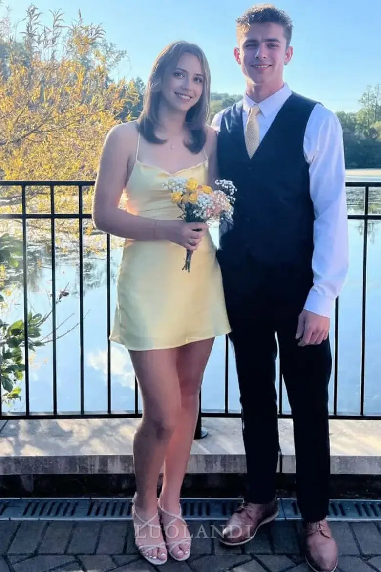 Luolandi Lovely Spaghetti Straps Satin Sleeveless Homecoming Dress Short Prom Dress Simple Birthday Party Dress