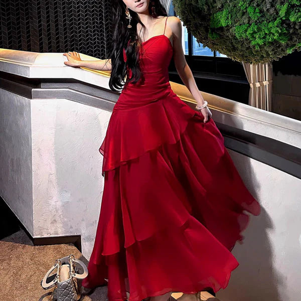 Luolandi Lovely Spaghetti Straps Sweetheart Sleeveless Tiered Formal Prom Dress Cute Party Evening Gown