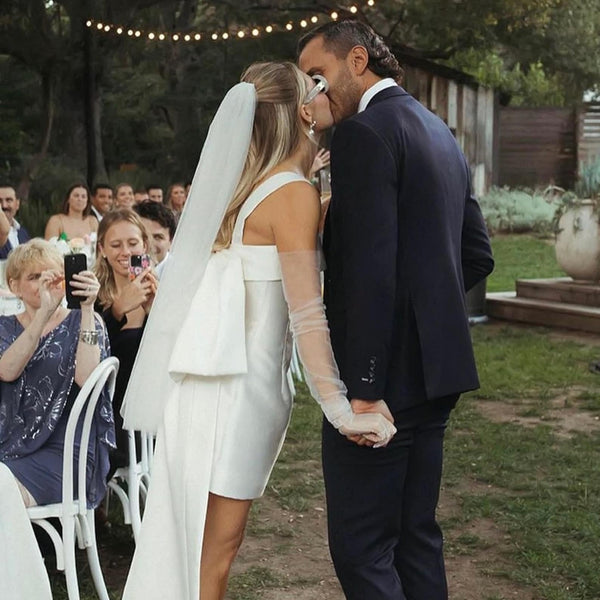 Luolandi Lovely Square Neck Satin Short Wedding Dress with Bow Back Beautiful Party Dress No With Wedding Veil And Gloves