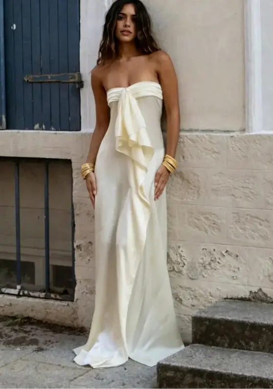 Luolandi Lovely Strapless Sleeveless Evening Party Dress Cute Ruffle Long Formal Prom Dress With Slit