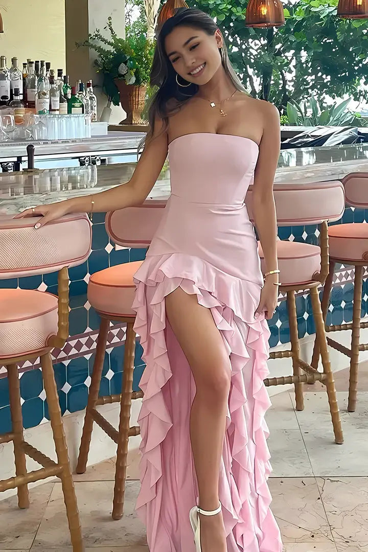 Luolandi Lovely Strapless Sleeveless Ruffled Party Prom Dress Cute Graduation Dress With Slit