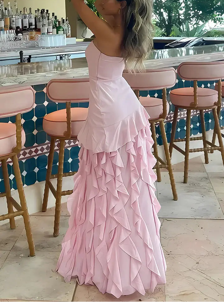 Luolandi Lovely Strapless Sleeveless Ruffled Party Prom Dress Cute Graduation Dress With Slit