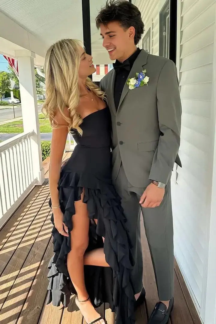 Luolandi Lovely Strapless Sleeveless Ruffled Party Prom Dress Cute Graduation Dress With Slit
