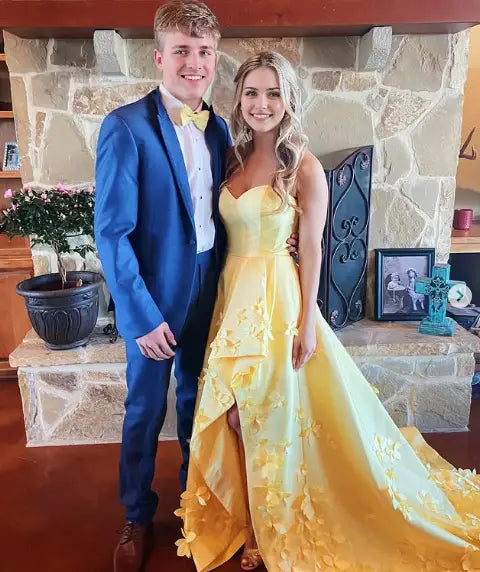 Luolandi Lovely Yellow Satin A Line Sweetheart Strapless Party Evening Gown Applique Elegant Formal Prom Dress