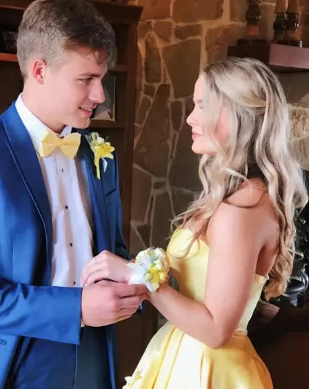 Luolandi Lovely Yellow Satin A Line Sweetheart Strapless Party Evening Gown Applique Elegant Formal Prom Dress