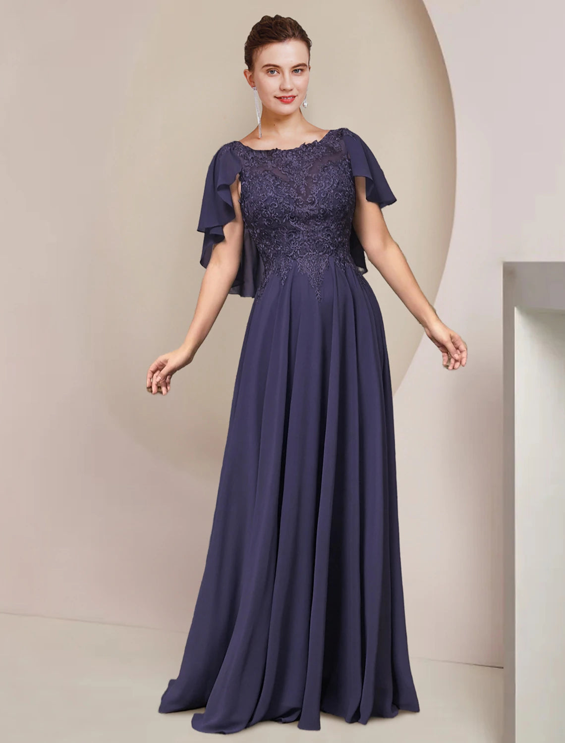Elegant A-line chiffon and lace Mother of the Bride dress with scoop neck and pleats.