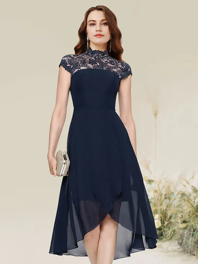 Back view of the A-line cocktail dress, showing the sleeveless design and chiffon fabric.