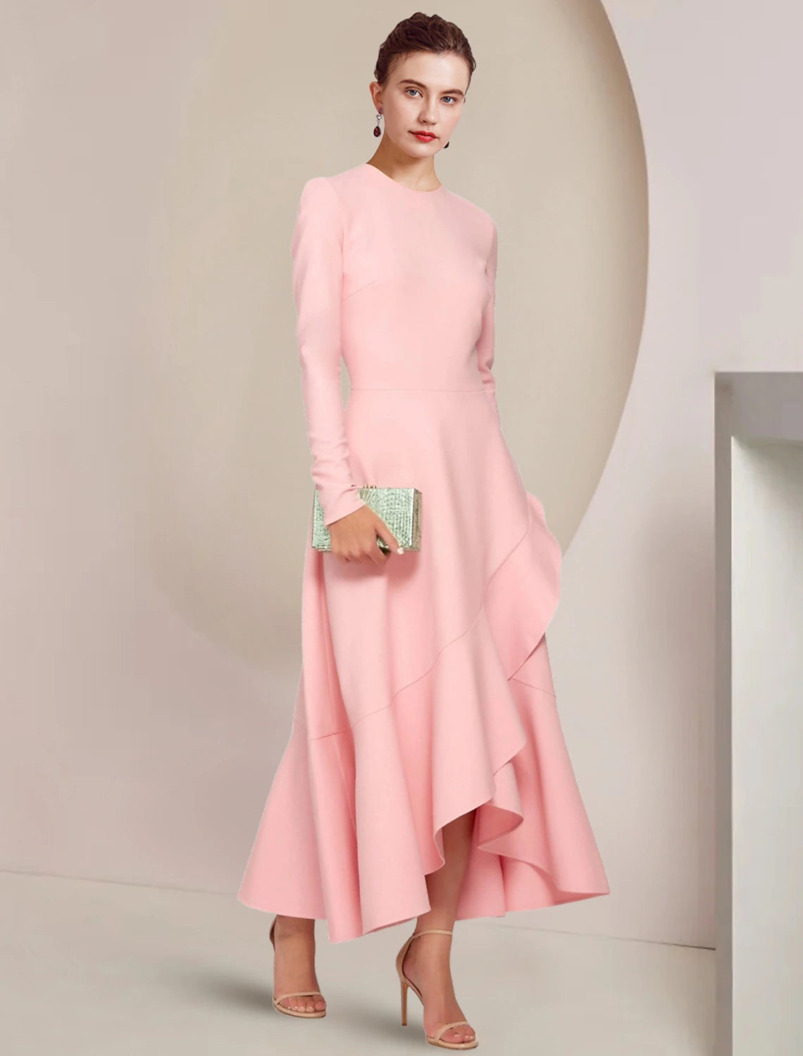 Elegant A-line Mother of the Bride dress with high-low hem and long sleeves.