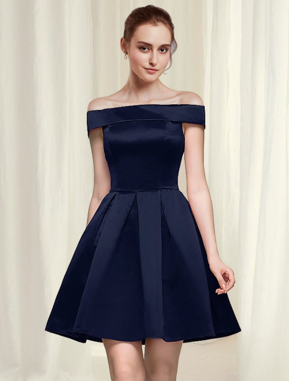 Elegant A-Line off-shoulder satin cocktail dress in light pink.