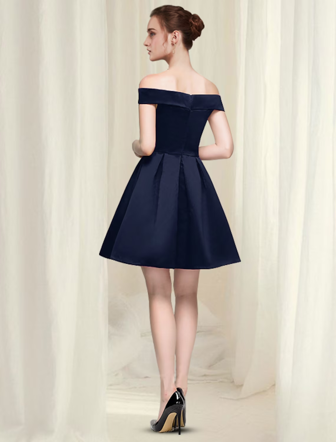 Sleeveless short satin dress with off-shoulder neckline for homecoming.