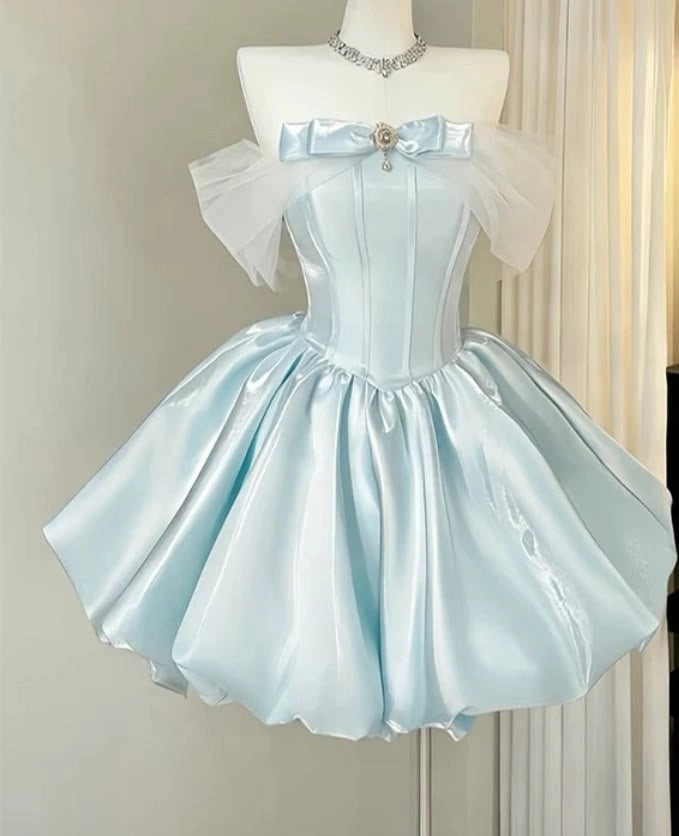 Luolandi A-line off-shoulder satin short dress for parties.