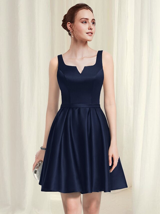 Front view of a Luolandi A-Line satin cocktail dress with a scoop neck.