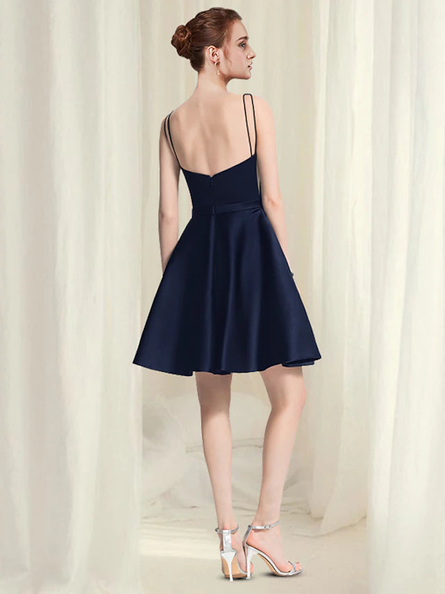 Side view of a Luolandi A-Line satin homecoming dress, showing pleats.