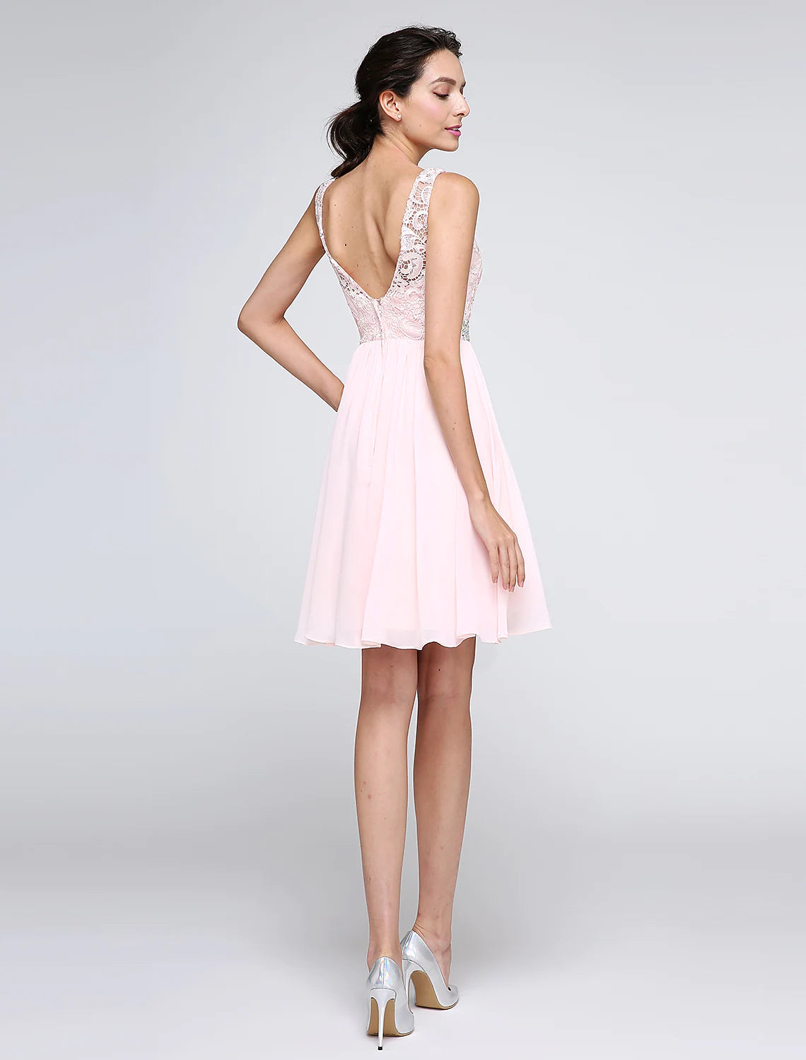 Back view of a Luolandi A-Line short chiffon dress, showcasing the V-back and crystal details.