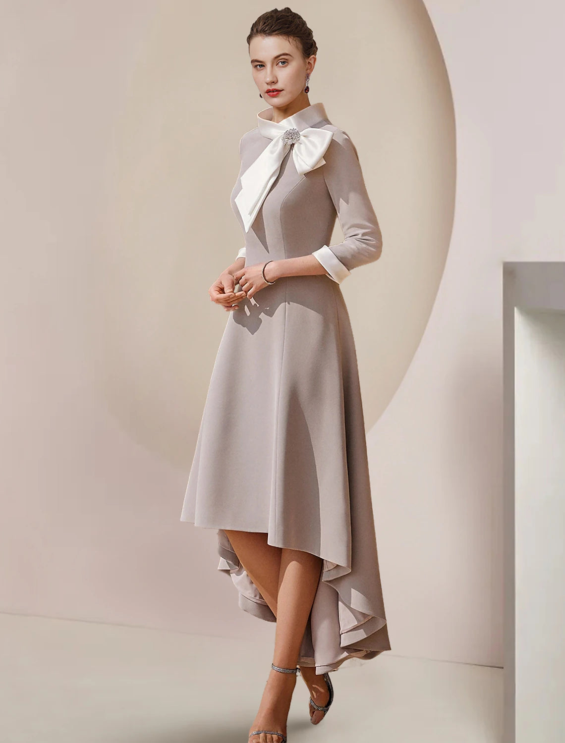 Luolandi A-Line Mother of the Bride Dress in satin with high neck and 3/4 sleeves.