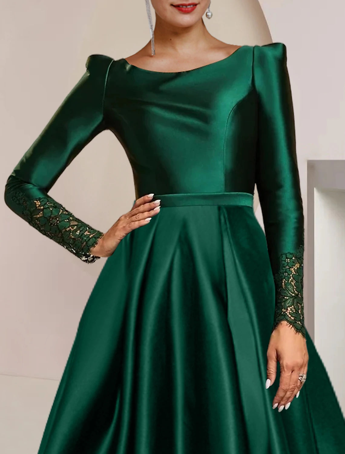 Side view of the elegant A-line dress, highlighting the asymmetrical tea length.