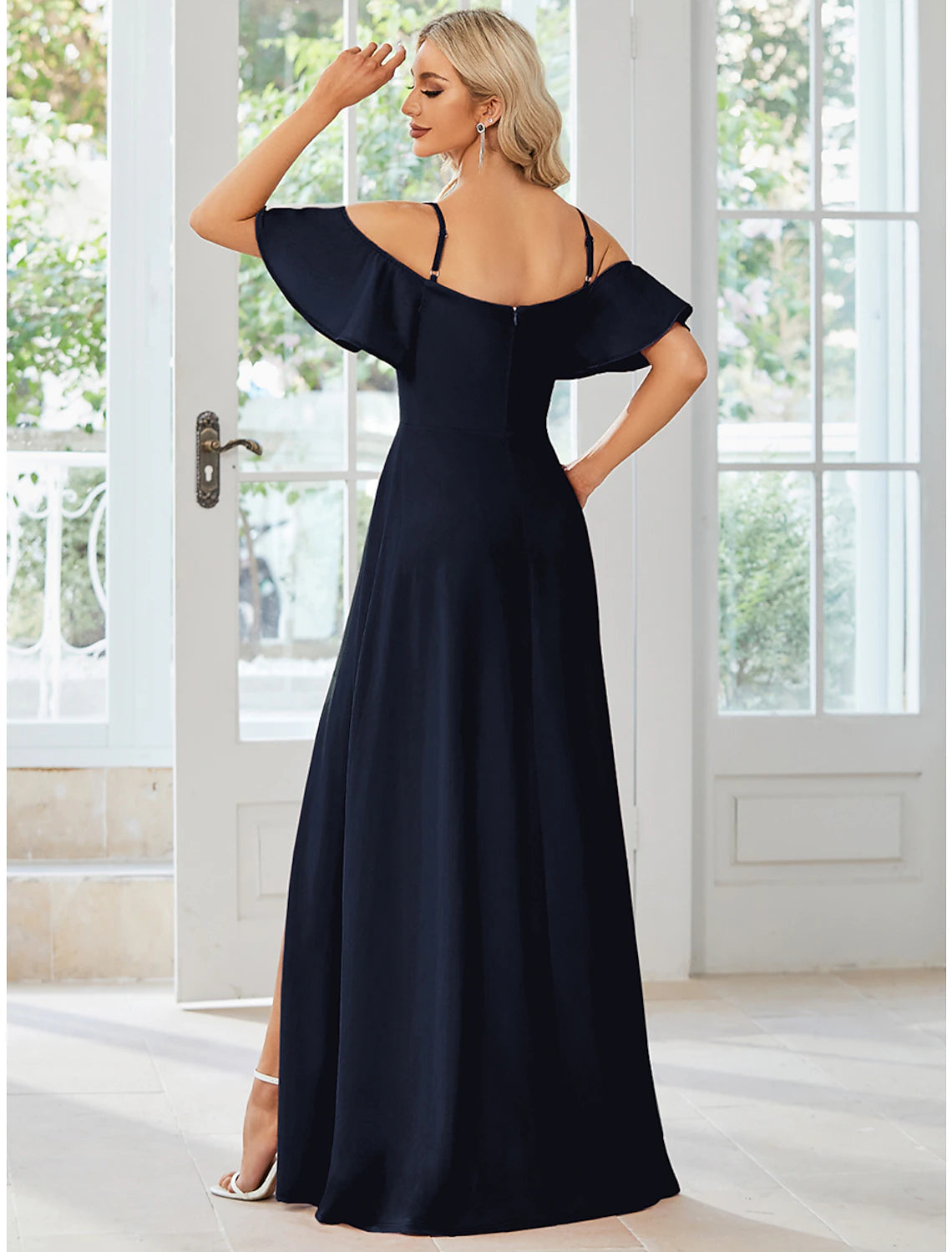 Close-up of the off-shoulder neckline and short sleeves of the A-Line dress.