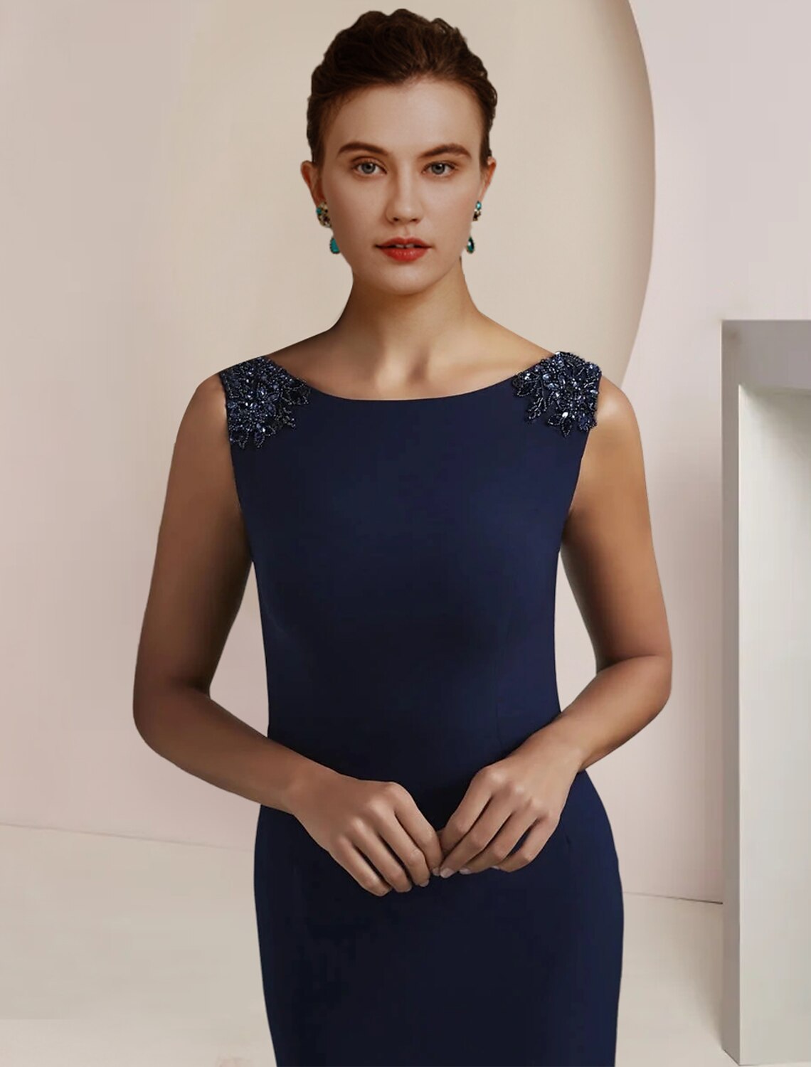 Side profile of Luolandi chiffon dress highlighting mermaid silhouette and scoop neck.