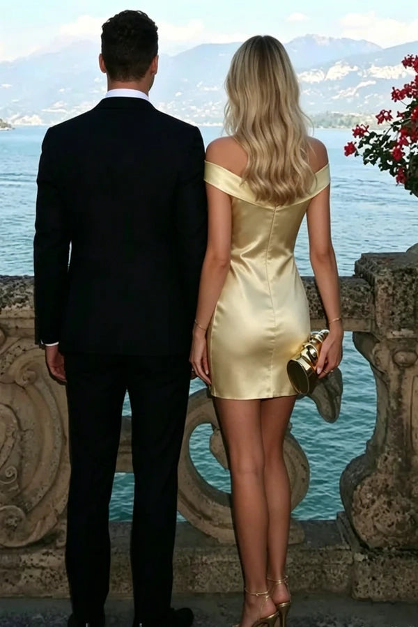 Model wearing an elegant off-the-shoulder satin sheath short dress, side view.