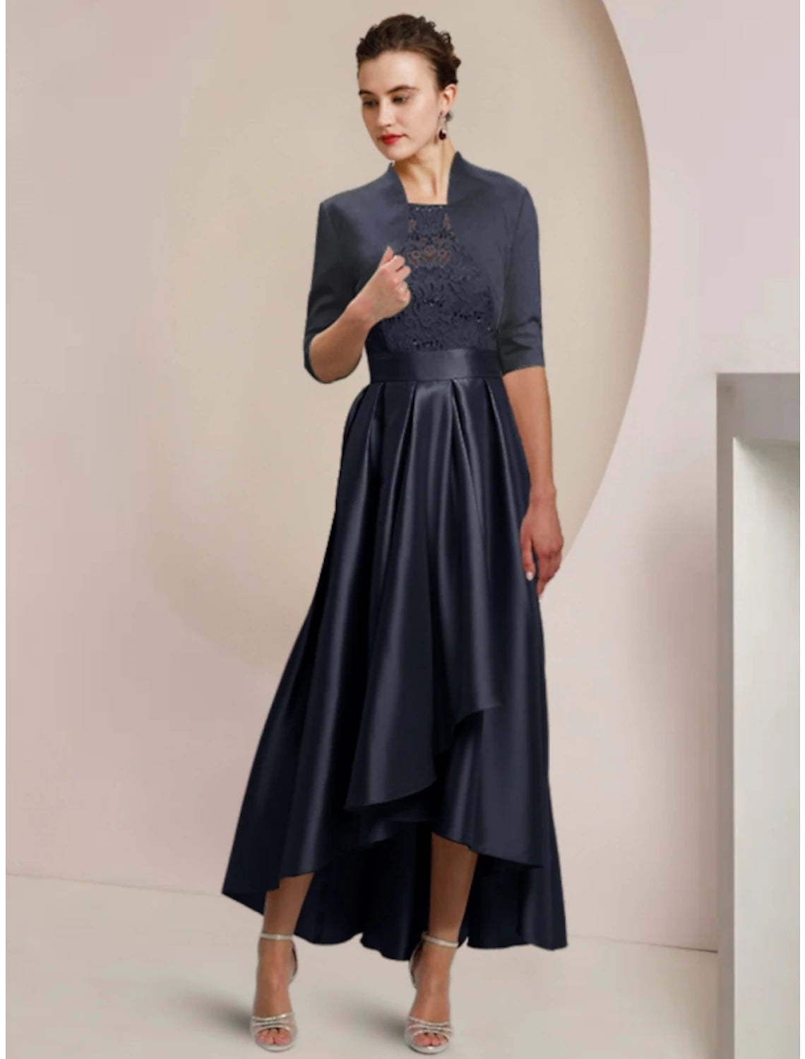 Luolandi elegant sheath column dress in satin and lace, featuring a scoop neck and half sleeves, shown from the front.