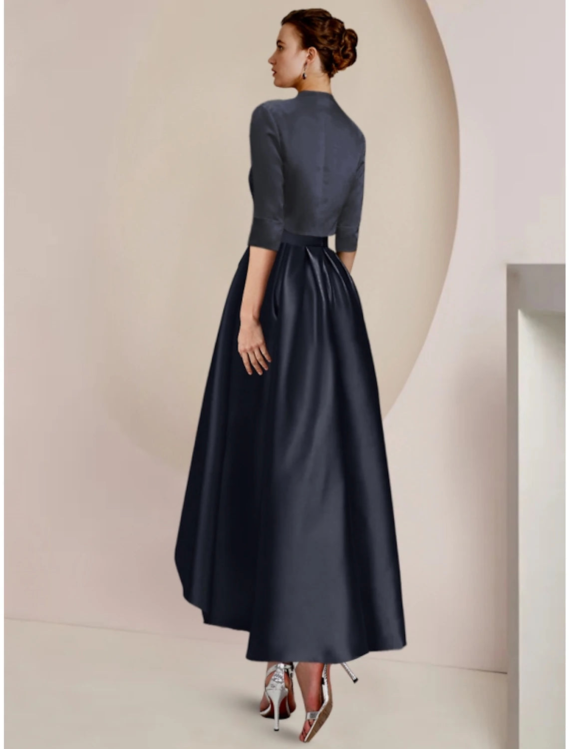 Side view of the Luolandi elegant ankle-length dress, highlighting the asymmetrical design and pleats.