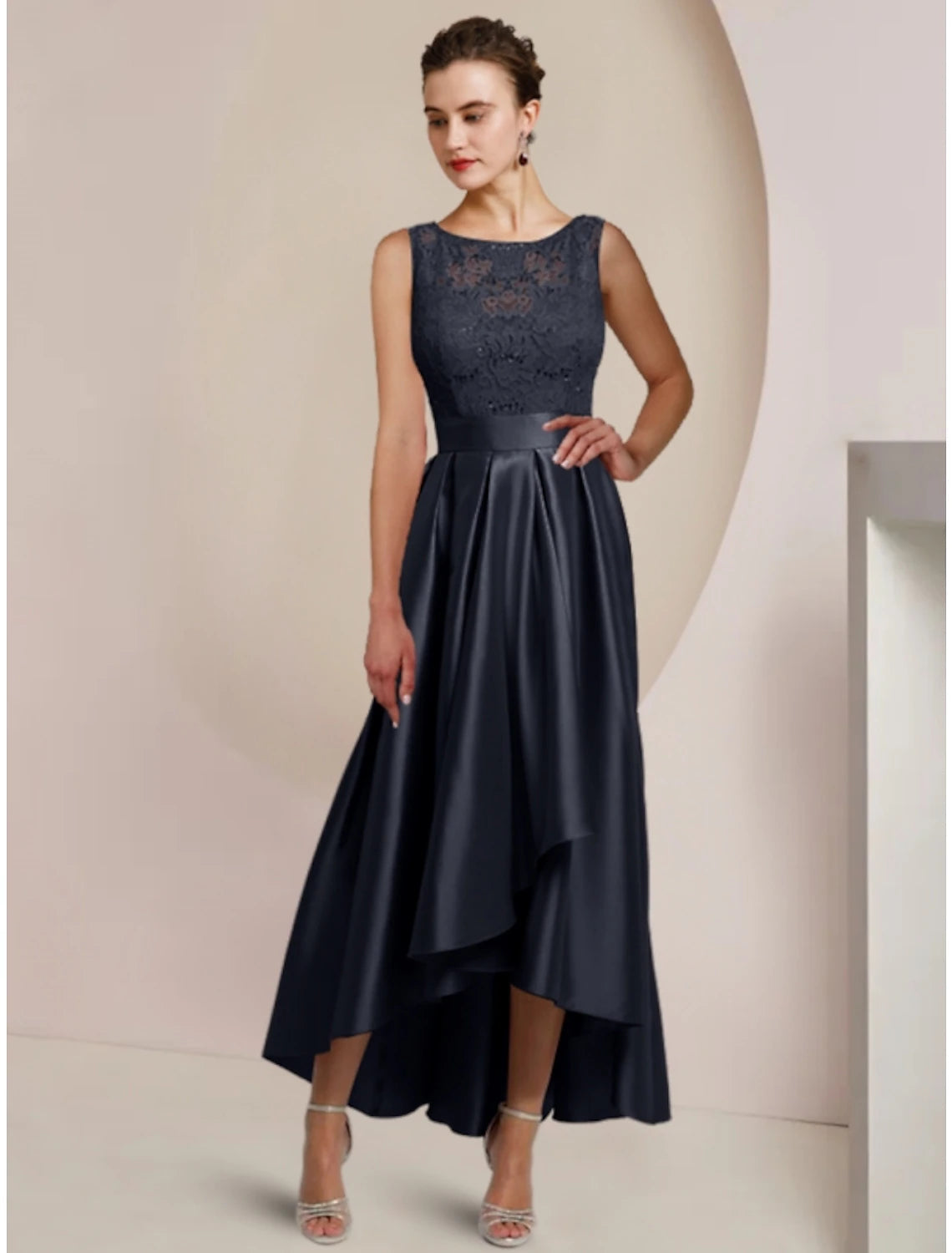 Back view of the Luolandi Mother of the Bride dress, showcasing the smooth satin fabric.