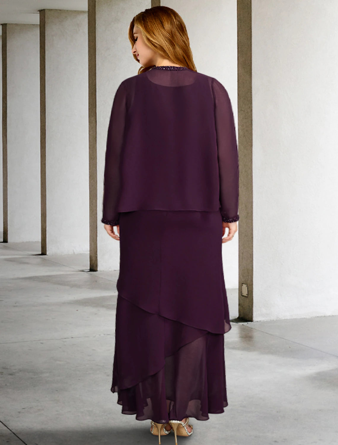 Side view of the Luolandi chiffon formal dress with beading.