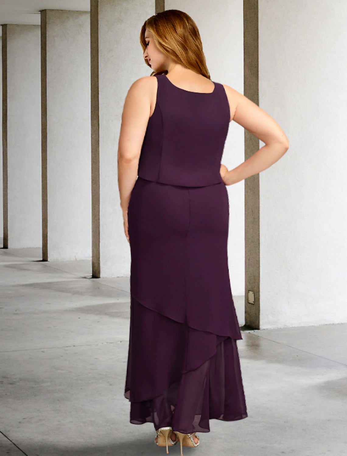 Full view of the elegant ankle-length two-piece formal dress.