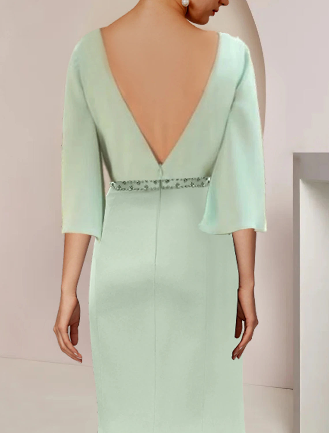 Back view of the mermaid trumpet tea length dress.