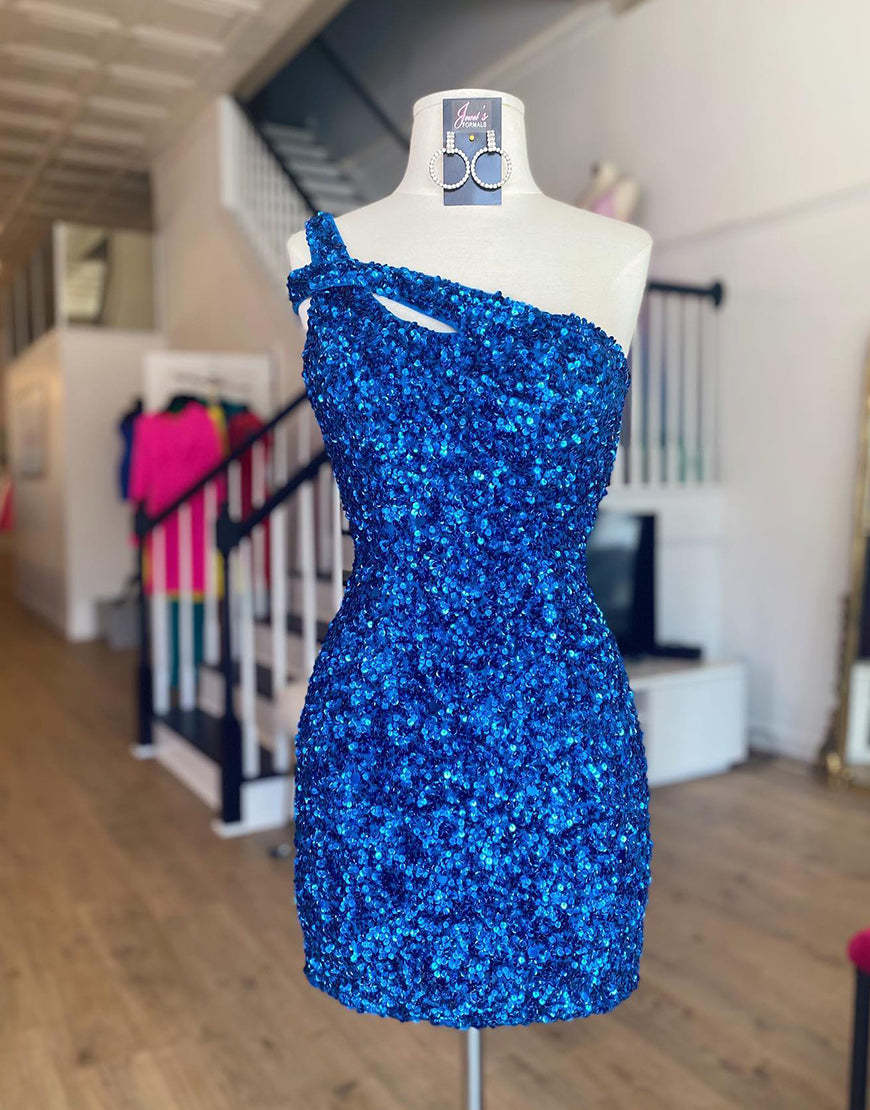 Back view of a model in a pink sequin one-shoulder short homecoming dress.