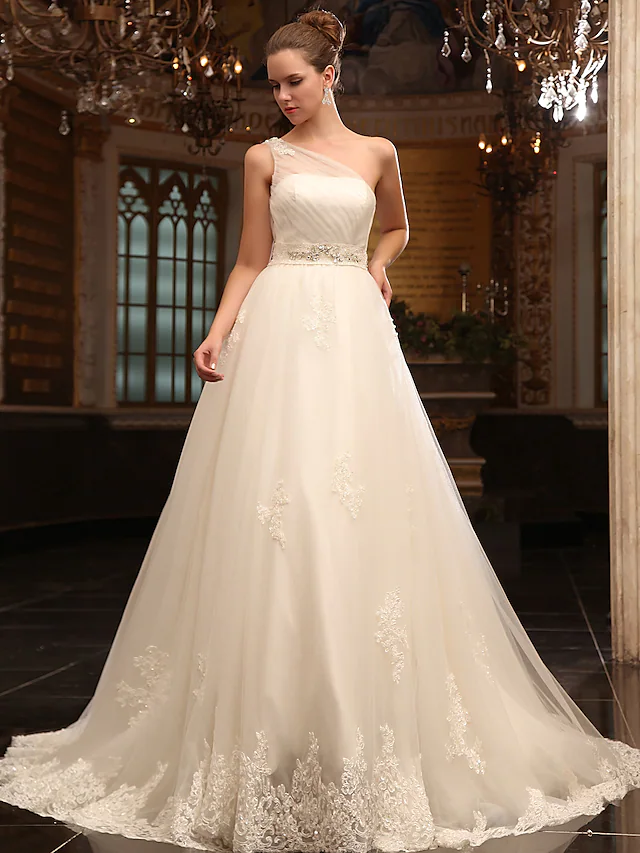 Princess A-Line wedding dress with one shoulder and court train.