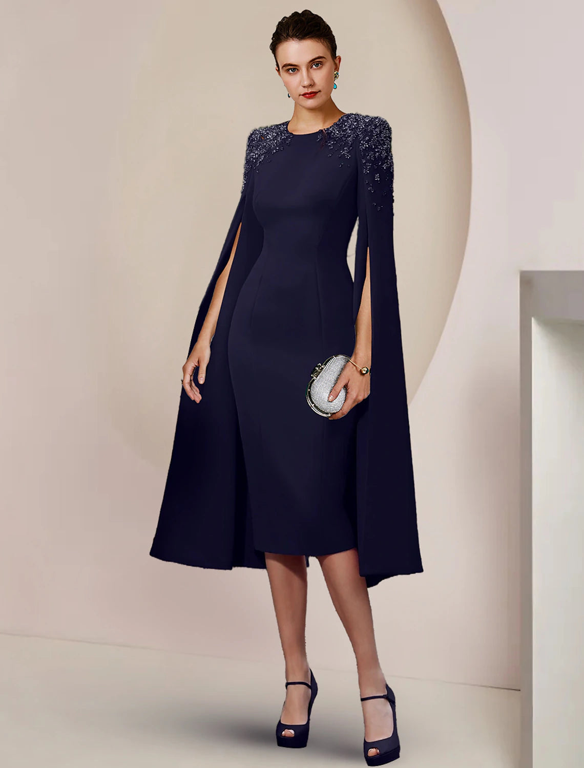 Elegant Luolandi Sheath Column Mother of the Bride Dress with scoop neck and long sleeves.