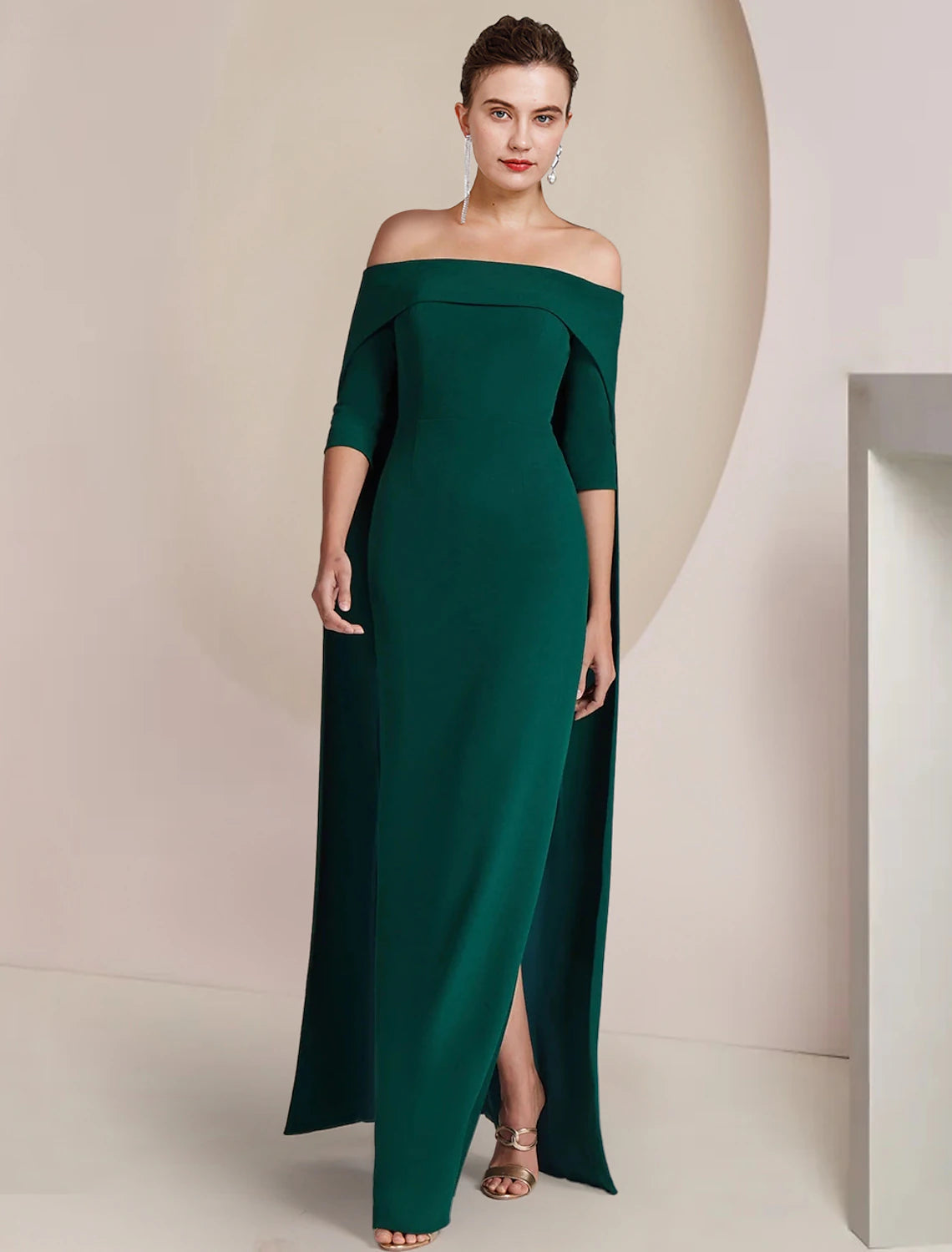 Luolandi formal strapless gown with half sleeves, side view.