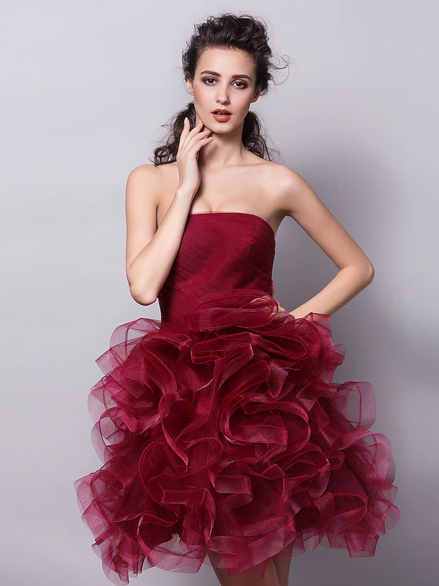 Close-up of ruched tier on Luolandi cocktail dress.