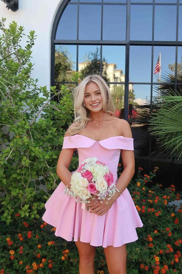 Model wearing a Luolandi off-shoulder A-line short homecoming dress.
