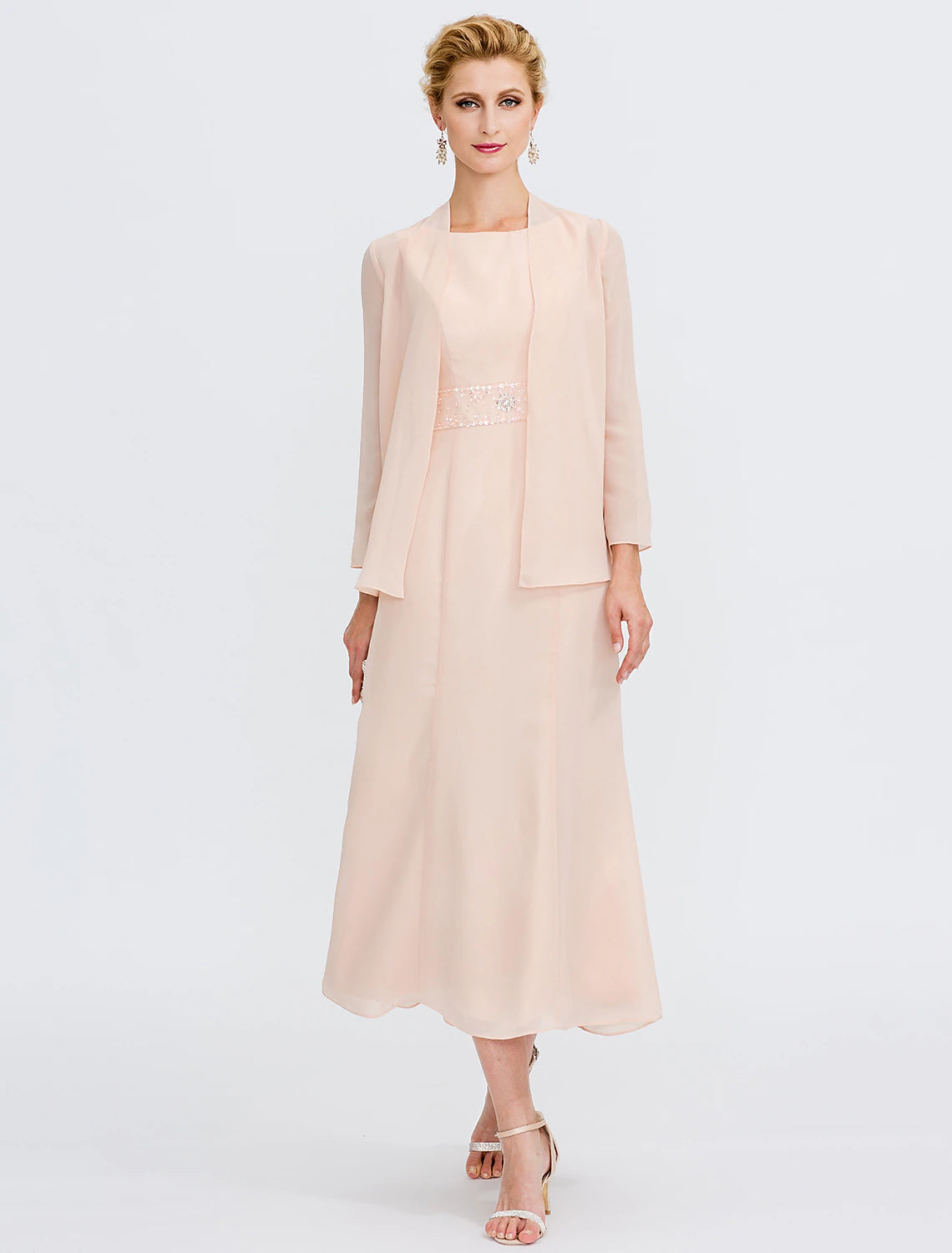 Luolandi Two Piece Sheath Mother of the Bride dress, front view, tea length, jewel neck, with sash.