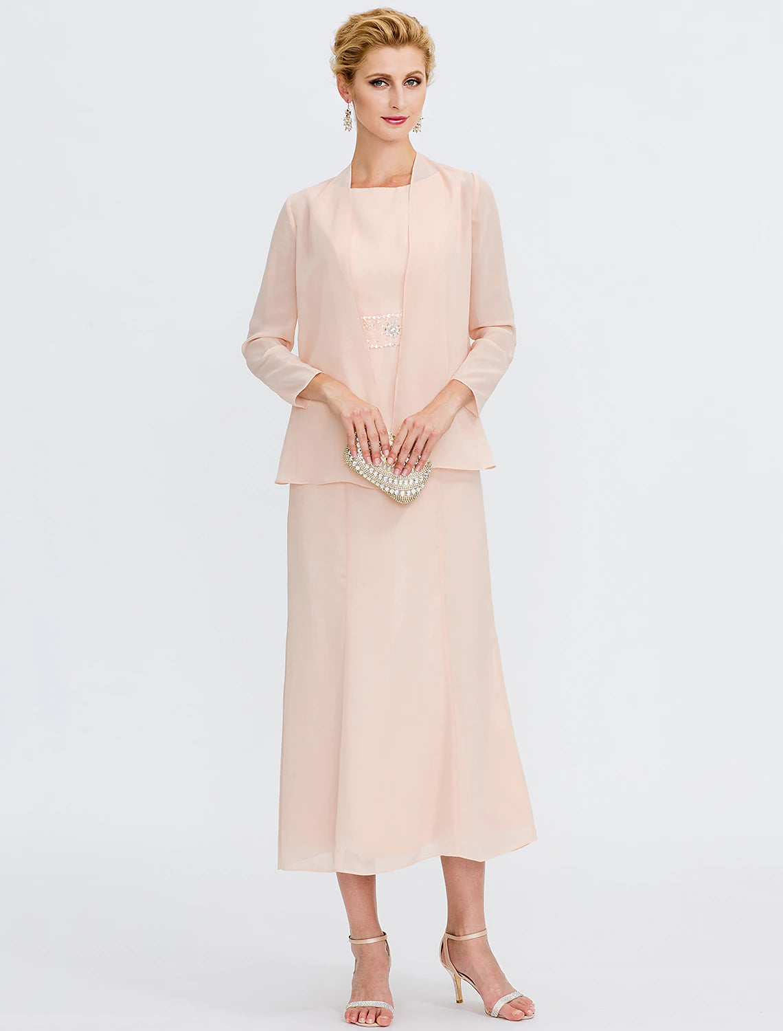 Back view of the Luolandi Two Piece Sheath Mother of the Bride dress, showing pleats.