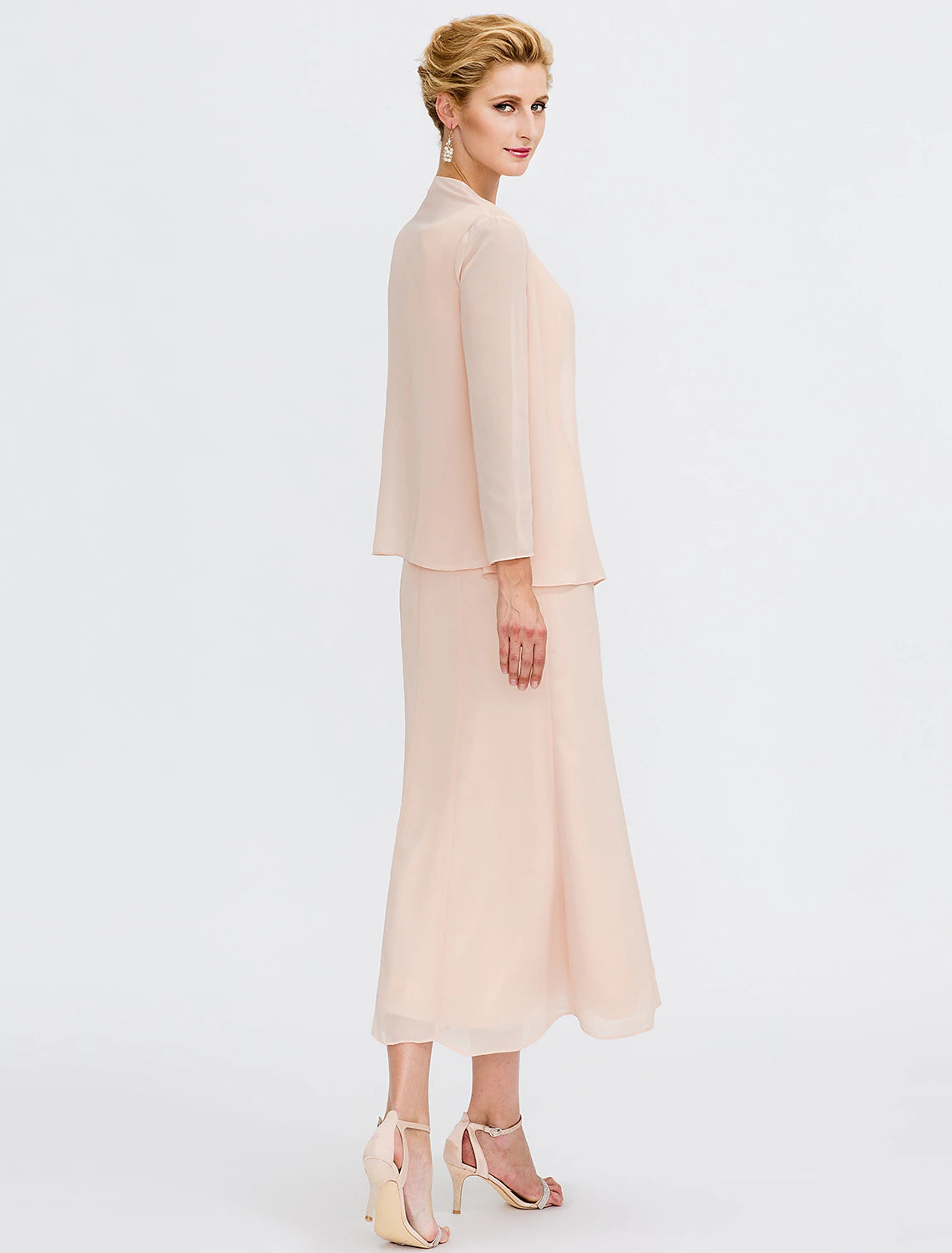 Side view of the elegant Luolandi Two Piece Sheath dress, highlighting chiffon fabric.