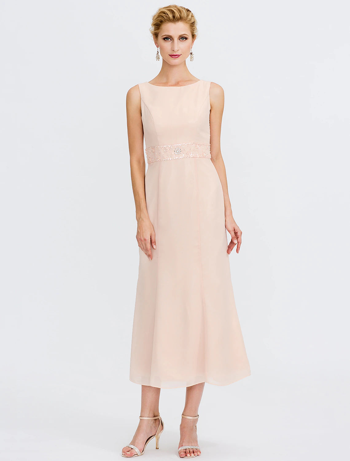 Close-up of the jewel neck and sleeveless design of the Mother of the Bride dress.