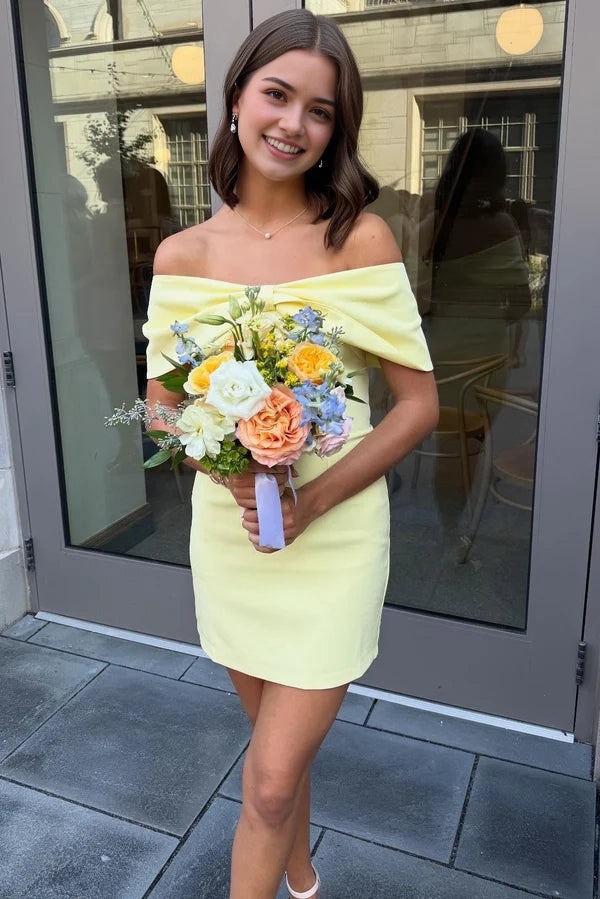 Model wearing a yellow off-shoulder sheath short dress, front view.