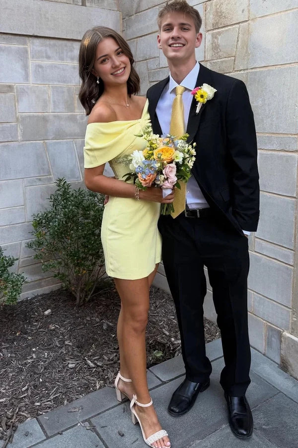Model in a yellow off-shoulder sheath short dress, side view.