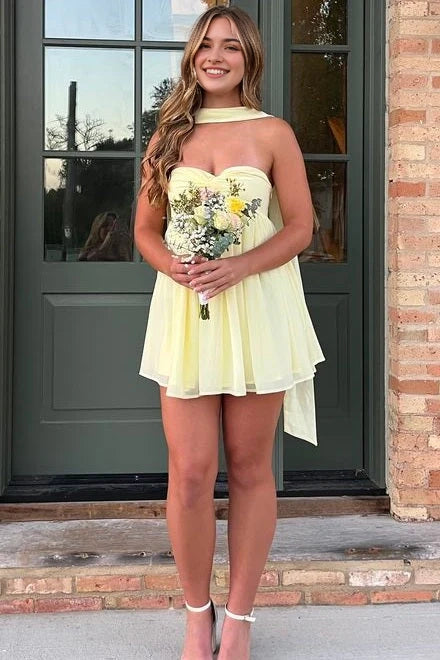 Luolandi Charming A-Line Strapless Sweetheart Sleeveless Yellow Chiffon Short Party Homecoming Dress