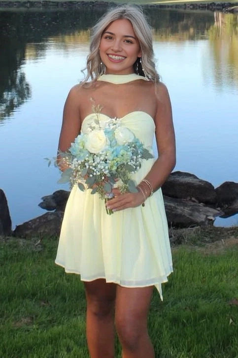 Luolandi Charming A-Line Strapless Sweetheart Sleeveless Yellow Chiffon Short Party Homecoming Dress